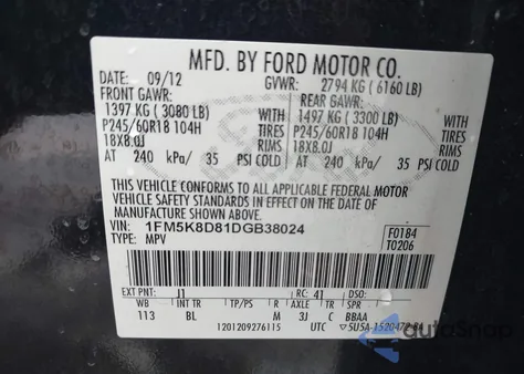 2013 Ford Explorer Xlt из США, поврежденный, VIN 1FM5K8D81DGB38024